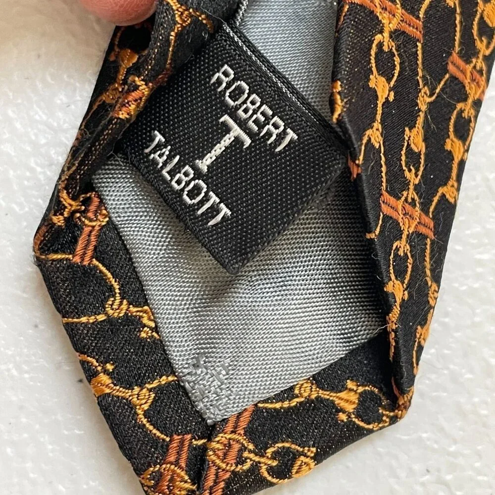 Robert Talbott Best Of Class Handsewn Silk Tie Gold Chain Print Black Made In US